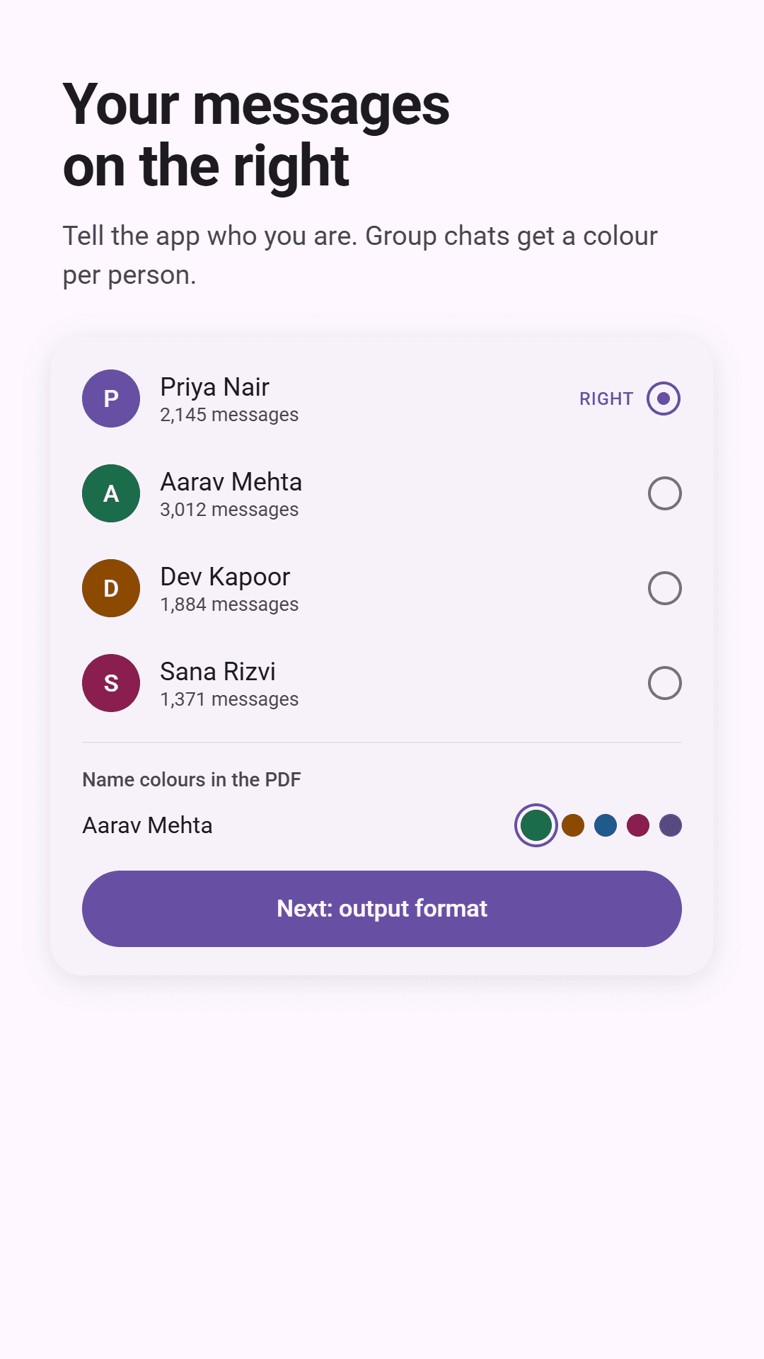 Chat to PDF listing the people in a chat with their message counts, one chosen to appear on the right, and colour swatches for each name in the PDF