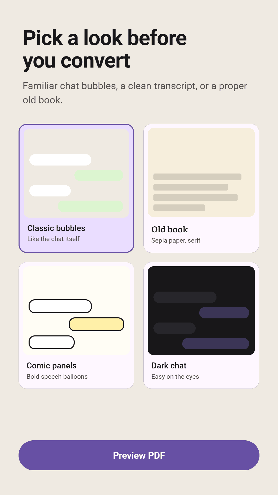 The style picker showing Classic bubbles, Old book, Comic panels and Dark chat, with a Preview PDF button