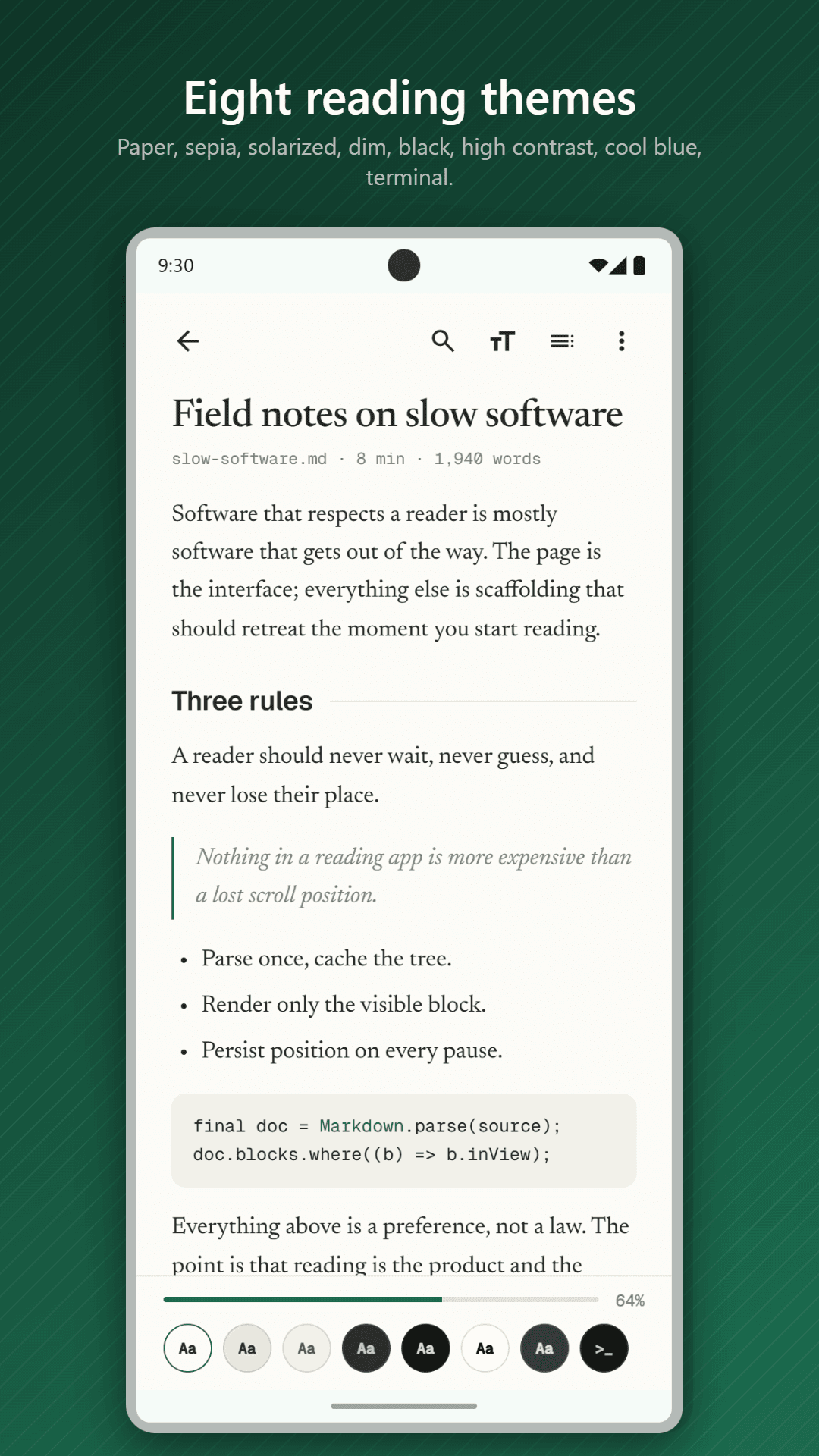Markdown Studio on an Android phone showing a Markdown document in the Paper reading theme, with the eight theme swatches along the bottom