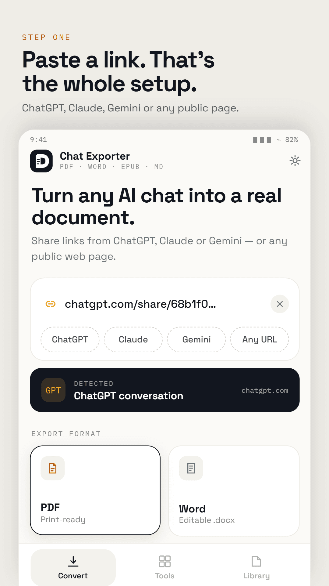 AI Chat Exporter on Android with a ChatGPT share link pasted in, the source detected automatically, and PDF and Word offered as export formats