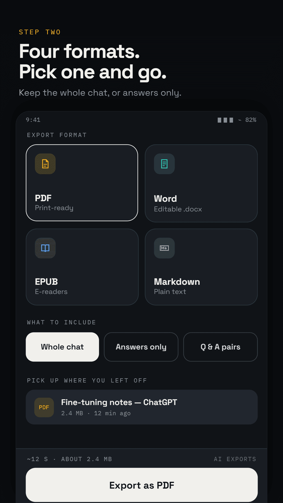 The export screen showing PDF, Word, EPUB and Markdown as formats, with options to keep the whole chat, answers only, or question and answer pairs