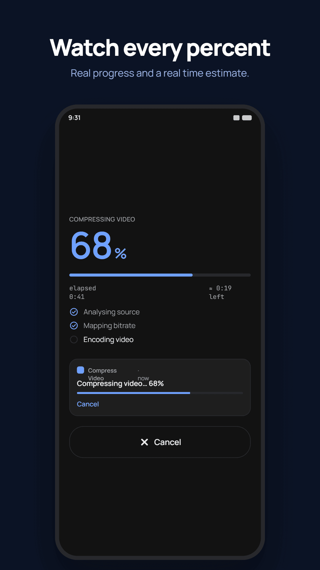 A video 68% compressed, with elapsed time, an estimate of the time left, and a matching progress notification with a Cancel button