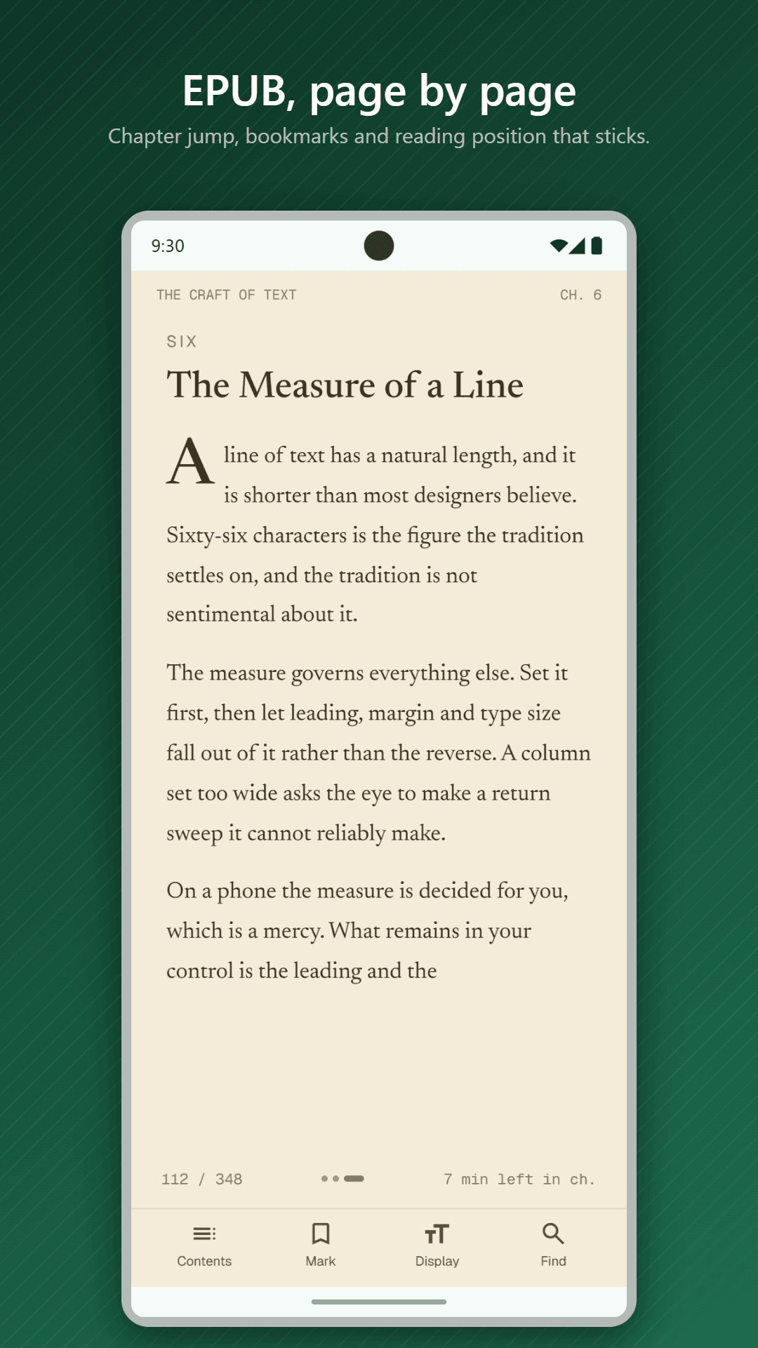 An EPUB book open in Markdown Studio in a sepia theme, showing the chapter name, page count and Contents, Mark, Display and Find controls