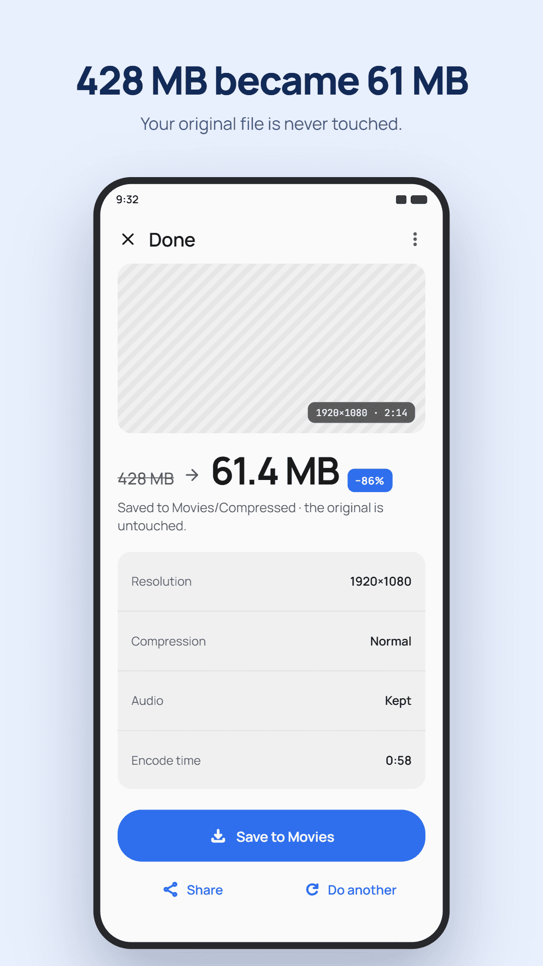 The finished screen showing a 428 MB video reduced to 61.4 MB, 86% smaller, saved to Movies/Compressed with Share and Do another options