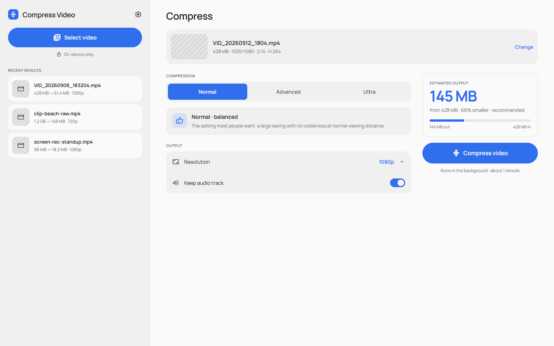 Compress Video on a tablet with recent results in a sidebar beside the compression options and a 145 MB estimated output