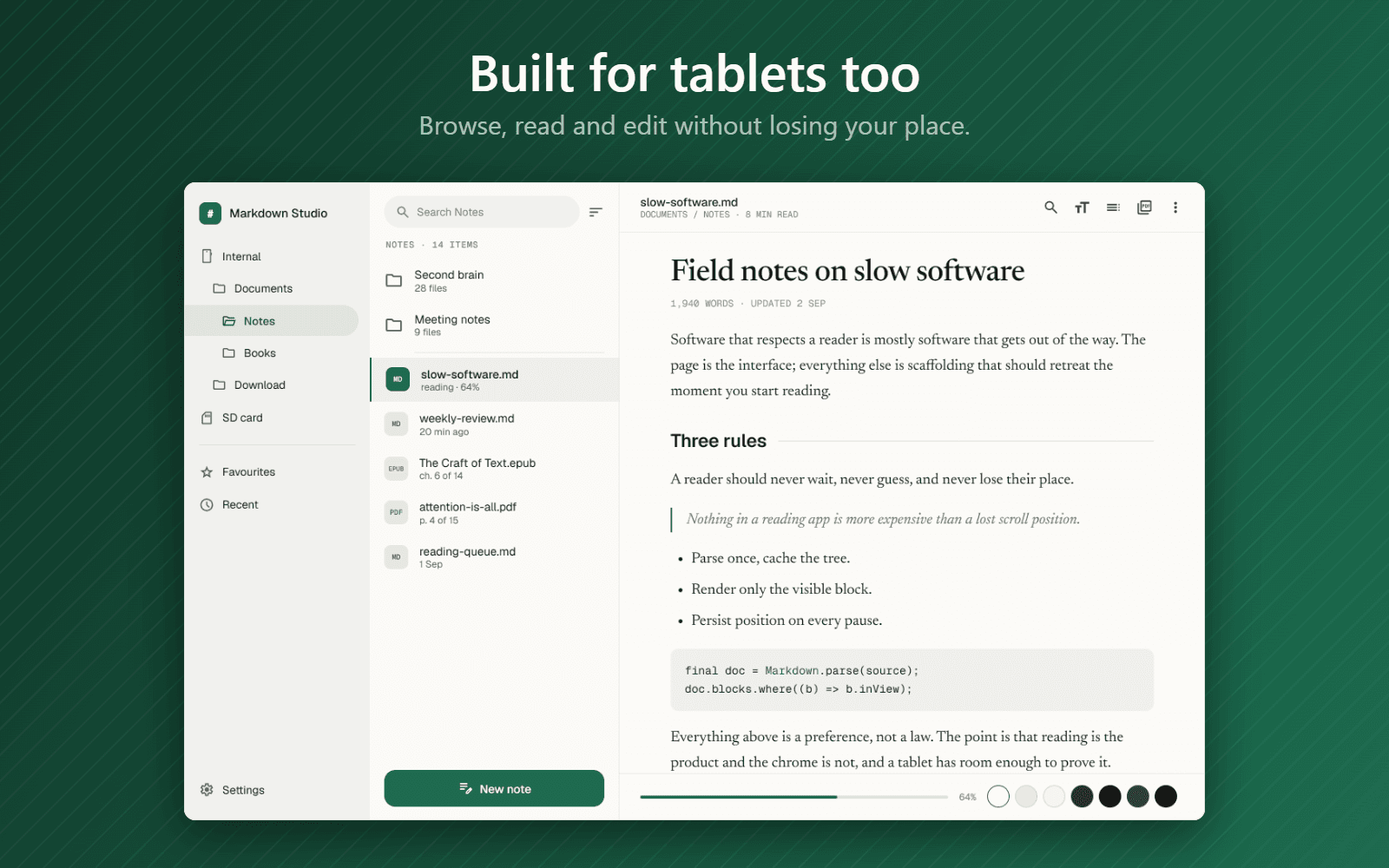 Markdown Studio on a tablet with folders, a file list of Markdown, EPUB and PDF documents, and a rendered Markdown document side by side