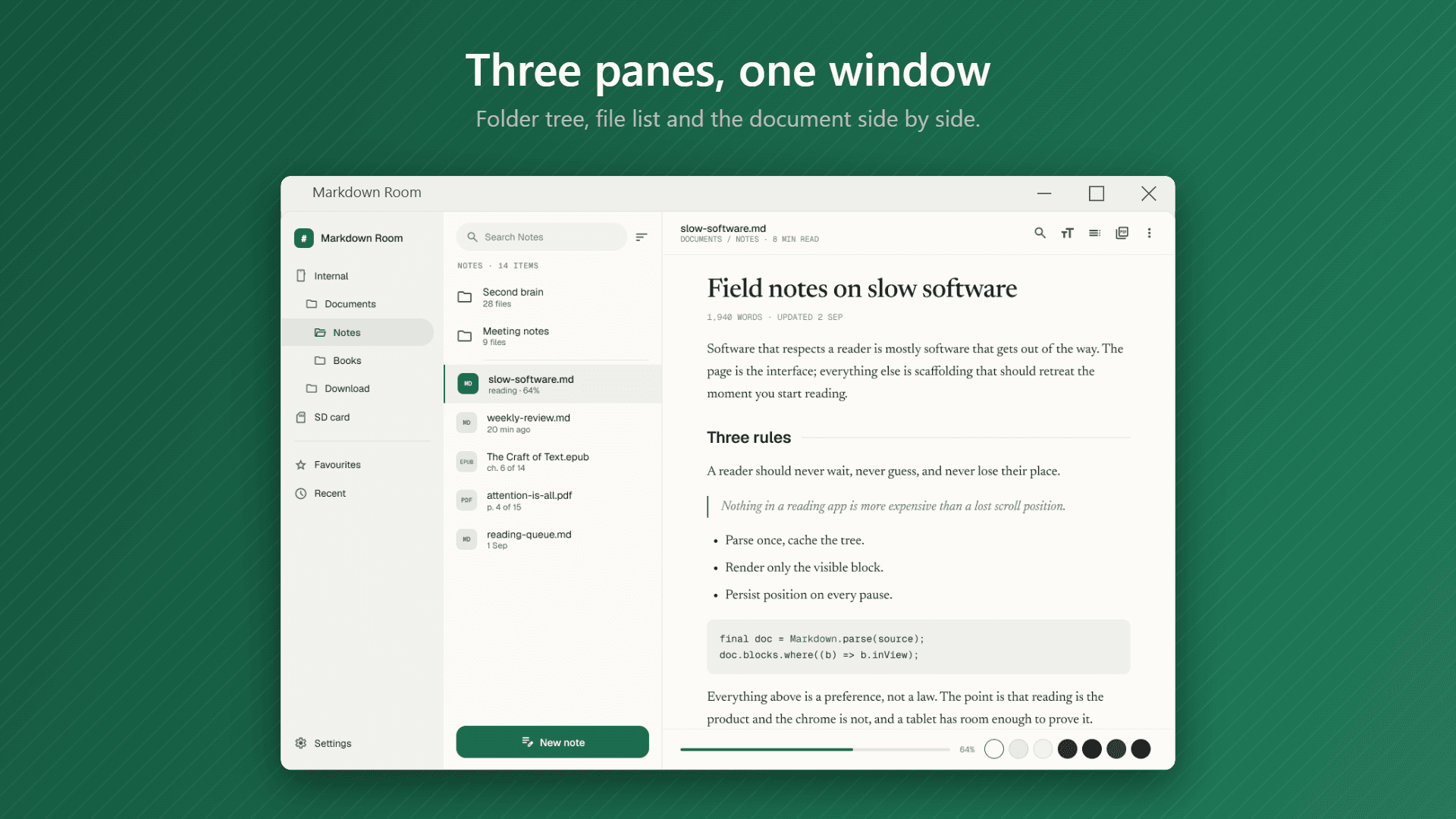 Markdown Room on Windows with a folder tree, a list of Markdown, EPUB and PDF files showing reading progress, and a rendered Markdown document