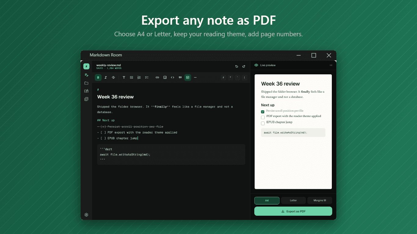 The Markdown editor beside a live preview, with A4, Letter and margin options and an Export as PDF button